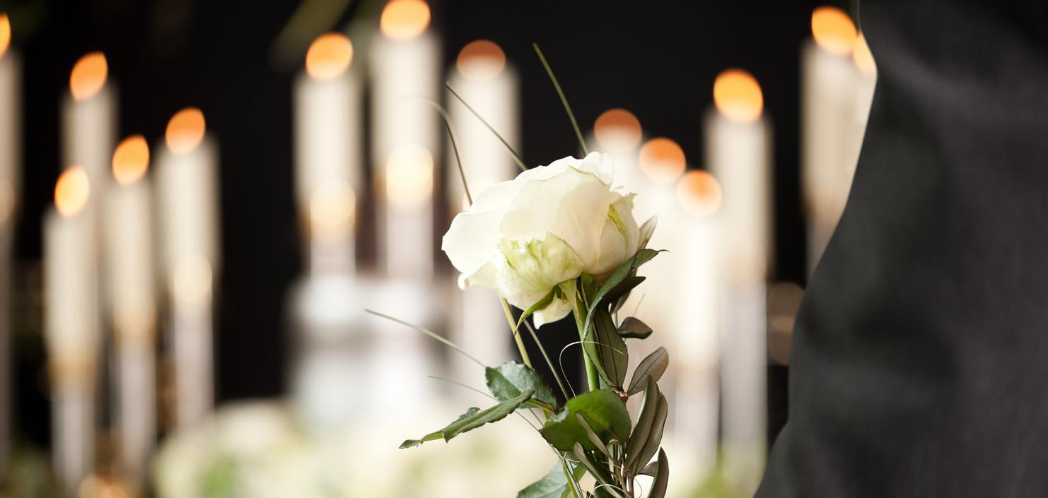 Weiße Rose mit Blättern in der Hand eines Mannes, im Hintergrund brennende Kerzen.